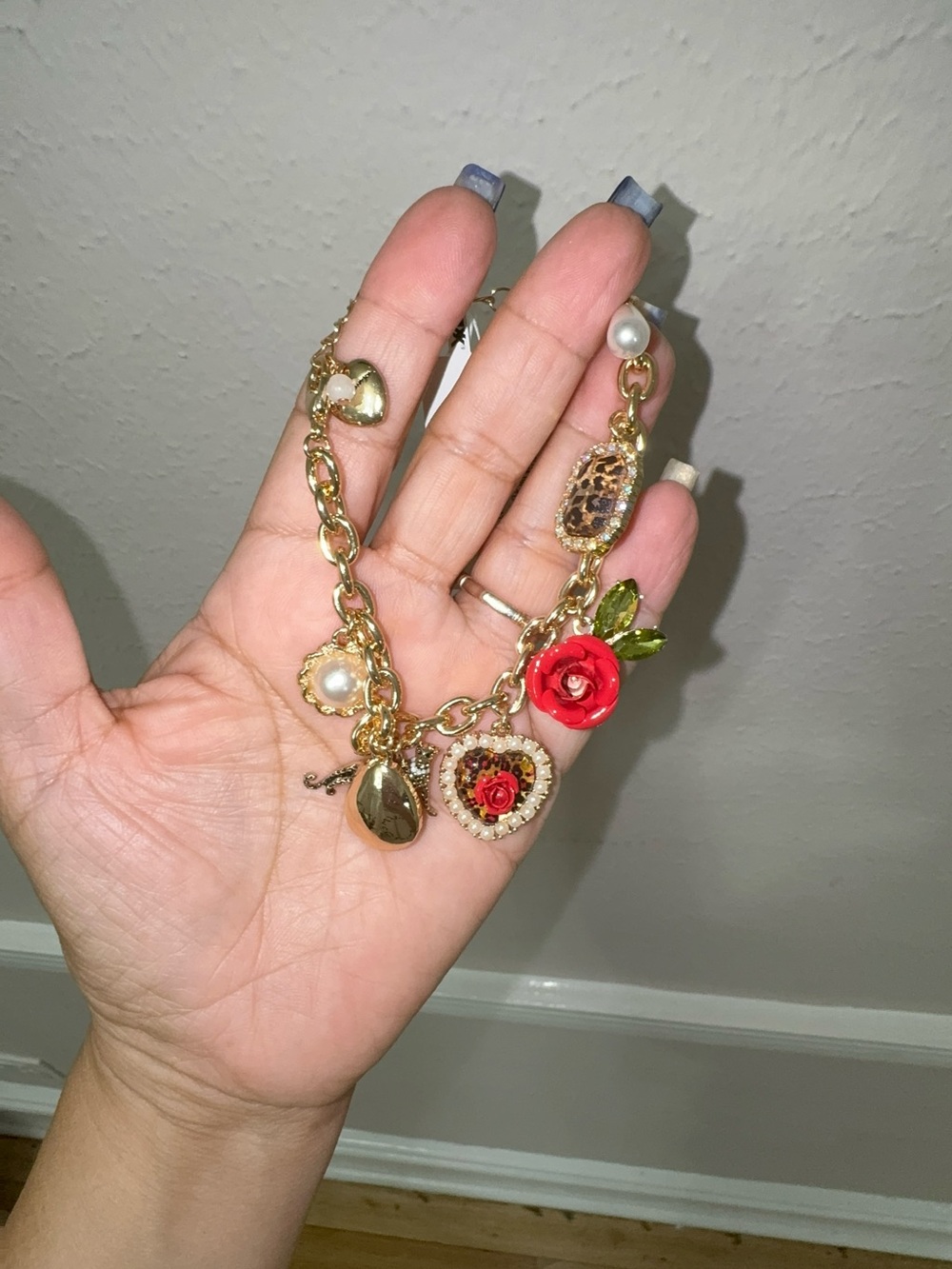 Betsey Johnson Gold-Tone Charm Bracelet with Red Rose and Pearl